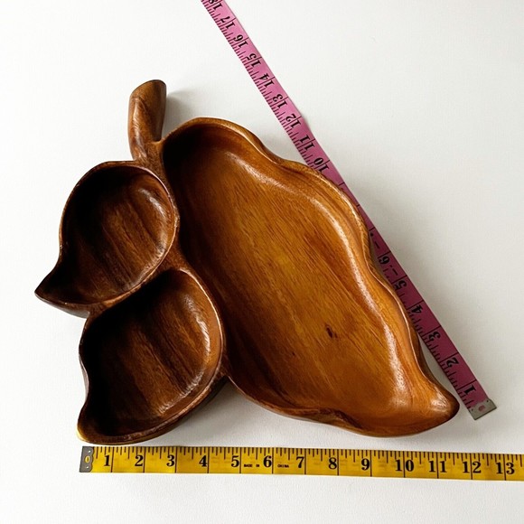 Leaf Carved Tray Monkey Pod Woods of Hawaii 3 Section Divided Serving Dish Vtg - Picture 9 of 10